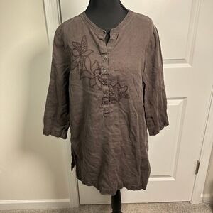 Hot Cotton Embroidered Tunic Top 3/4 Sleeve Brown Women's Size M